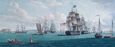 Det amerikanske skipet Franklin, med utsikt over New York-bukten, 1820- eller 1830-årene. av Thomas Thompson
