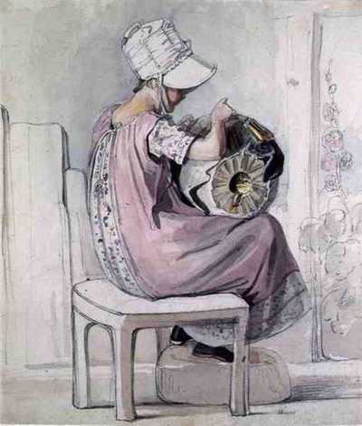 A Girl Lacemaking (akvarell og blyant på papir) av Thomas Unwins