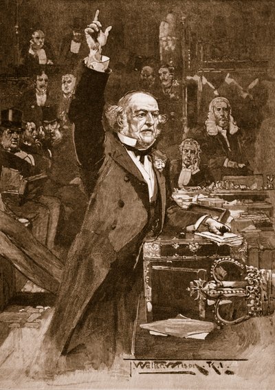 Introduksjon av lovforslaget om hjemmestyre: Mr. Gladstone leverer sin uttalelse, 1886, illustrasjon fra 
