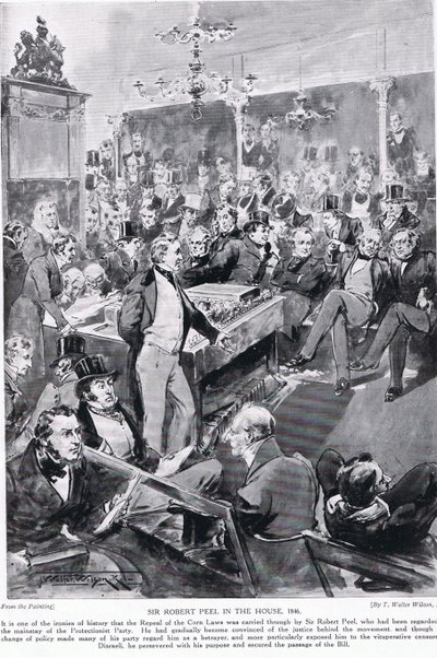 Sir Robert Peel i huset, 1846, illustrasjon fra 'Hutchinson's Story of the British Nation', ca. 1923 av Thomas Walter Wilson