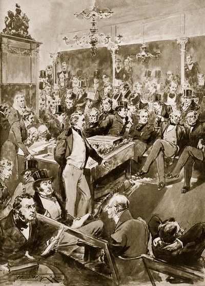 Sir Robert Peel i huset, 1846, illustrasjon fra 'Hutchinson's Story of the British Nation', ca. 1923 av Thomas Walter Wilson