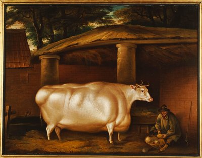 Den hvite kvigen som reiste, med en mann som skjærer kålrot i en stallgård, 1811 av Thomas Weaver