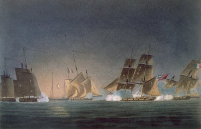 HMS Rinaldo engasjerer fire franske kapere, gravert av J. Bailey for 