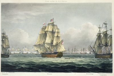 HMS Victory seiler for den franske linjen flankert av Euryalus og HMS Temeraire i slaget ved Trafalgar, 21. oktober 1805, gravert av T. Sutherland for 