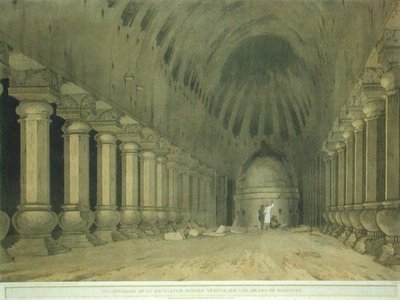 Interiør av et utgravd hinduistisk tempel på øya Salsette, plate 63 fra 