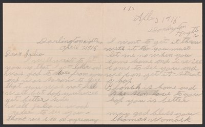 Brev fra Thomas Womack til Julia Womack med konvolutt, 7. april 1915. av Thomas Womack