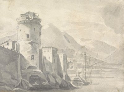 Befestede bygninger som stiger bratt fra en elvebredd (i Italia?) med båtsenter og fjerne fjell av Thomas Wyck
