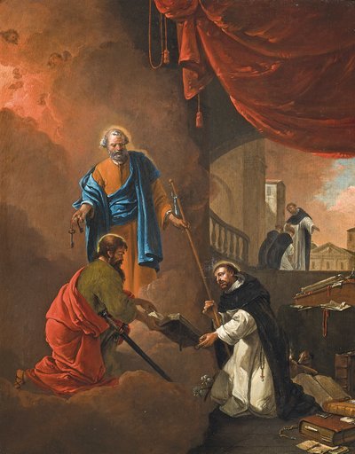 The Vision of Saint Dominic, med Saint Dominic som velsigner to misjonærbrødre bortenfor av Thomas Wyck