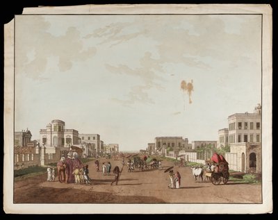 Old Court House Street ser sørover fra utsikten over Calcutta av Thomas und William Daniell