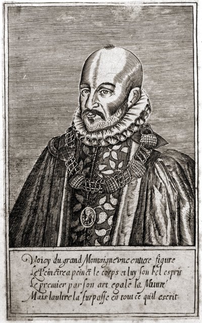 Portrett av Michel de Montaigne (1533-1592), fransk forfatter. Gravering av Thomas de Leu. (1560-1612). av Thomas de Leu