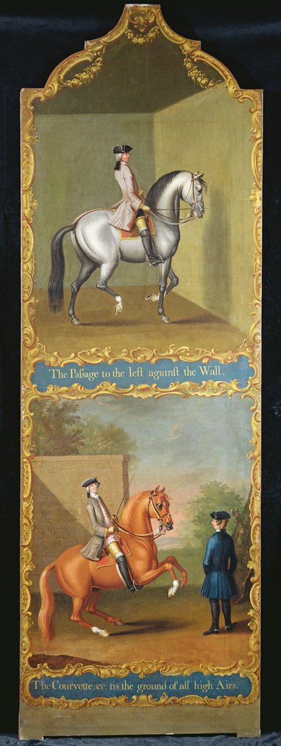 'The Passage to the Left against the Wall' (øverst) og 'The Courvette etc, tis the Ground of all High Airs' (nederst), ca. 1750 av Thomas, of Pall Mall Butler