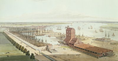 The Mast House og Brunswick Dock i Blackwell, 1803 (akvatint) av Thomas und William Daniell