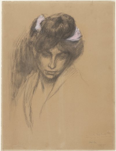 Mørkt jentehode, ser frem, med et lilla bånd viklet i håret av Théophile Alexandre Steinlen