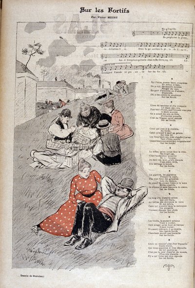 Populær sang “” on the fortices”” av Victor Meusy - tegning av Theophile Alexandre Steinlen i “” Gil blas illustrated””. av Théophile Alexandre Steinlen