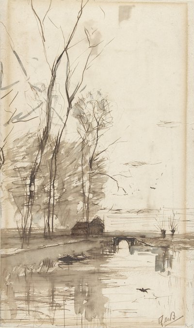 Kanalutsikt med høye trær, en gård og en bro av Théophile de Bock (possibly)