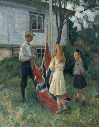 Barn heiser det norske flagget av Thorolf Holmboe
