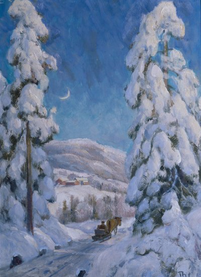 Hest og slede i vinterlandskap (olje på lerret) av Thorolf Holmboe