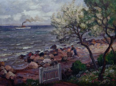 Sommerlandskap med hageport og kvinne (olje på lerret) av Thorolf Holmboe