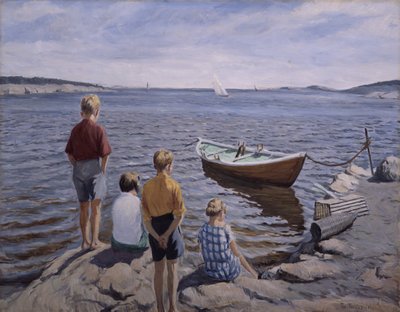Barn ved kai (olje på lerret) av Thorvald Torgersen