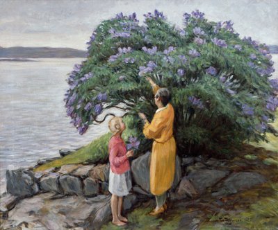 Kvinne og barn ved syrinbusken av Thorvald Torgersen