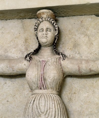 Trakisk grav til Sveshtari, detalj av en statue av kvinne i Atlas, 3. århundre f.Kr. (steinskulptur) av Thracian Thracian
