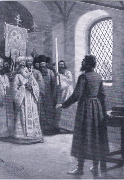 Boris Godunov i pensjonisttilværelse ved klosteret ba om å godta hans valg som tsar, illustrasjon fra Landmarks in European History utgitt av Gresham Publishing Co, ca. 1920 (litho) av Thure de Thulstrup