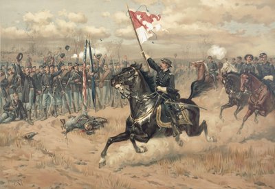 Sheridans berømte tur i slaget ved Cedar Creek Virginia i 1864 (farge litho) av Thure de Thulstrup