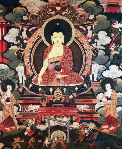 Buddha satt mellom sine to store disipler Cariputra og Maudgalyayana, scener fra livet til Buddha Sakyamuni, tibetansk sivilisasjon av Tibetan School