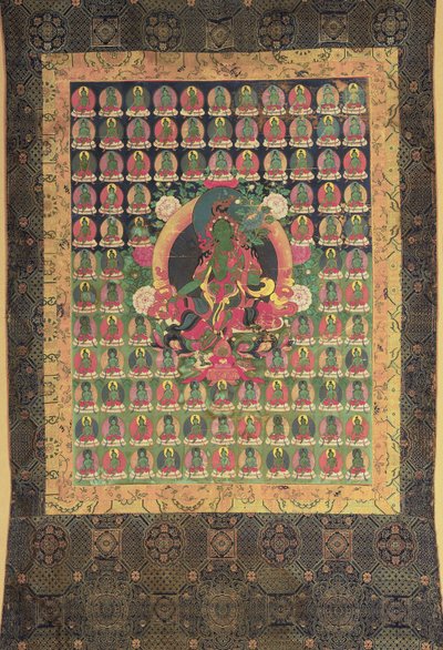 Grønn Tara, (gouache og forgylt på bomull) av Tibetan School