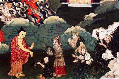 Tilbyr hauger med gress, scener fra Buddha Shakyamunis liv av Tibetan School