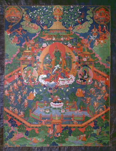 Thangka som viser Green Tara (gouache på tekstil) av Tibetan School