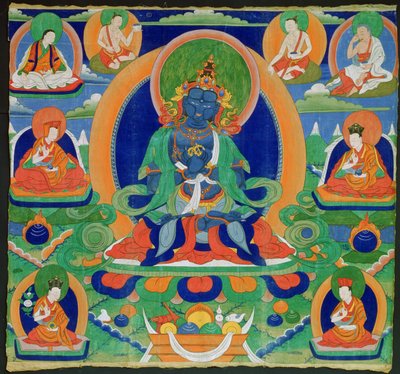 Thangka-maleri som viser Adibuddha Vajradhara (Do rje chang), tibetansk, 1800-tallet (valpesyke på calico) av Tibetan School