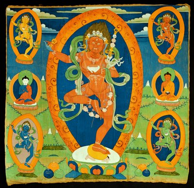 Thangka-maleri som viser Dakini Vajravarahi (Do rje pag mo) tibetansk, 1800-tallet (valpesyke på calico) av Tibetan School
