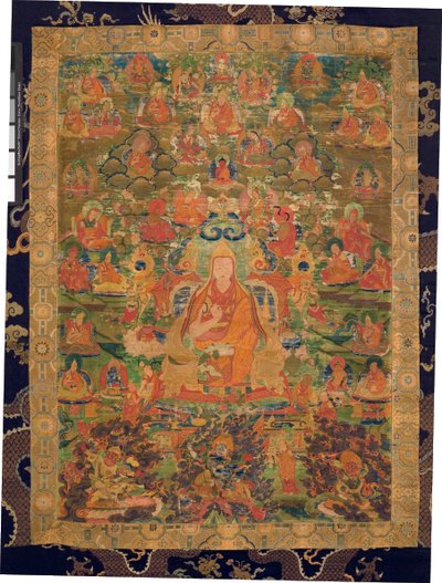 Tredje Panchen Lama Losan Penden Yeshe (gouache på tøy) av Tibetan School