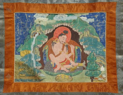 Mahasiddha Luipa, fra et delvis sett med thangkas, tidlig på 1800-tallet (mineralpigmenter på størrelse bomull; original brokademontering) av Tibetan School