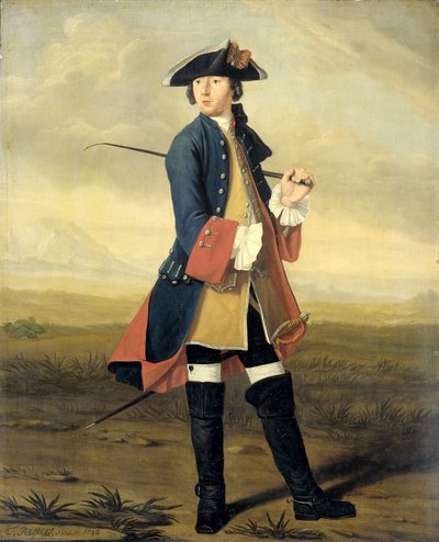 Portrett av Ludolf Backhuysen II, maler, i dragonenes uniform av Tibout Regters