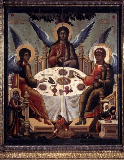 ""Abrahams gjestfrihet"" Abraham serverte lammet til de tre englene som kom for å be ham om gjestfrihet. Maleri av Tichon Filatyev (aktiv ca. 1675-1697) 1600-tallskatedralen i Dormition i Kreml, Moskva av Tichon Filatyev