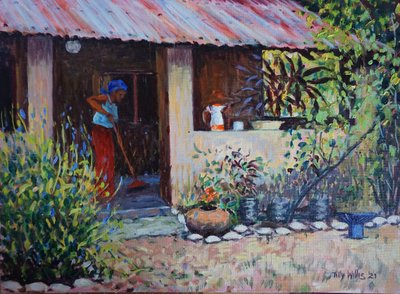 Girl Sweeping 2021 (olje) av Tilly Willis