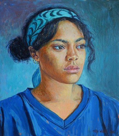 Girl in Blue 2020 (olje på lerret) av Tilly Willis