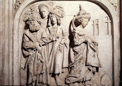 Graven til Henri II 973-1024 og hans kone Kunigunde, detalj av Kunigundes rettssak ved brann etter mistanke om utroskap, stein fra 1499-1513 av Tilman Riemenschneider