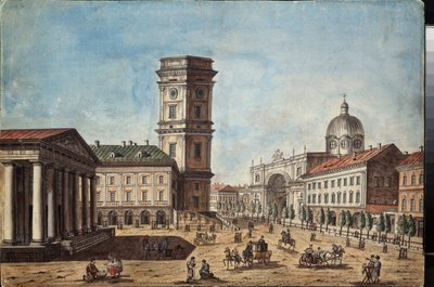 Utsikt over Nevskij Prospekt i St. Petersburg (Utsikt over Nevskij Prospekt i St. Petersburg) - Verk av Timofei Alexeyevich Vasilyev (1783-1838), akvarell og blekk på papir, ca. 1810 - Russisk kunst av Timofei Alexeyevich Vasilyev
