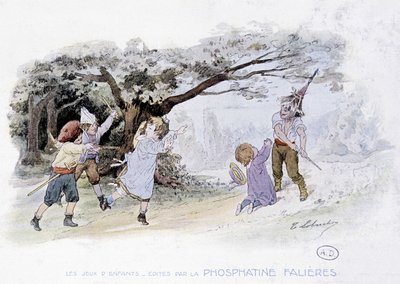 Barneleker: barn som leker krig, soldater - dess. de Lobrichon, red. av Phosphatine Falières, v.1920 av Timoleon Marie Lobrichon