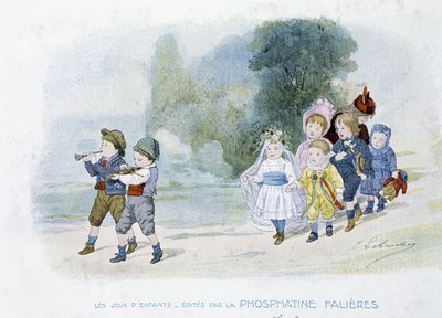 Barneleker: bryllupsprosesjon, barn forkledd som bruder - dess. de Lobrichon, red. av Phosphatine Falières, v.1920 av Timoleon Marie Lobrichon