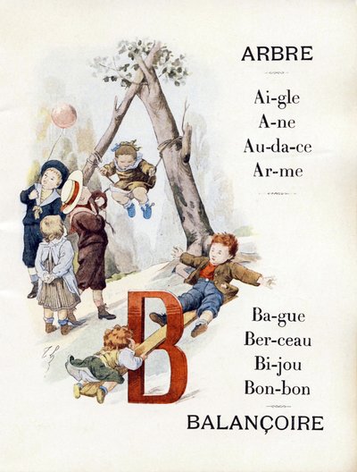 Bokstavene A og B som representerer barn som spiller husken, sent på 1800-tallet (kromolitografi) av Timoleon Marie Lobrichon