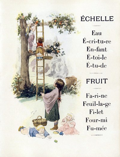 Bokstavene E og F som representerer barn som baker appelsiner, sent på 1800-tallet (kromolitografi) av Timoleon Marie Lobrichon