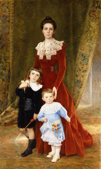 Portrett av en dame, stående i full lengde, med barna hennes, av Timoleon Marie Lobrichon