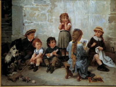 Den spennende passasjen Barn som lytter til en bok. Maleri av Timoleon Lobrichon (1831-1914) 1800-tallet. Privat samling av Timoleon Marie Lobrichon