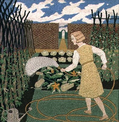 En kvinne som vanner hagen (håndarbeid) av Tirzah Ravilious