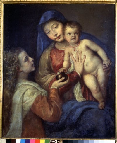 Madonna og barn med Maria Magdalena. Maleri av Titian (Tiziano Vecellio eller Vecelli eller Tiziano da Cador av Titian (c.1488 1576)