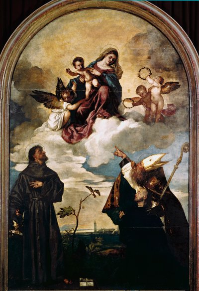 Madonna i herlighet med Child, Saints Francis og Alvise og giveren Luigi Gozzi av Titian (c.1488 1576)